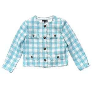 Ann Taylor Petite Tourquoise & White Gingham Tweed Button-Front Jacket Size 0P